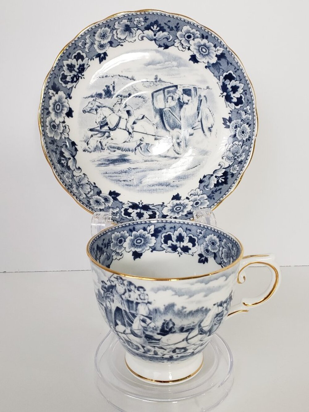Vintage Tuscan English Bone China Cup and Saucer Set, Blue and White